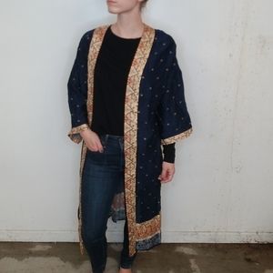 DR2 M/L Navy with Floral Border Long Kimono